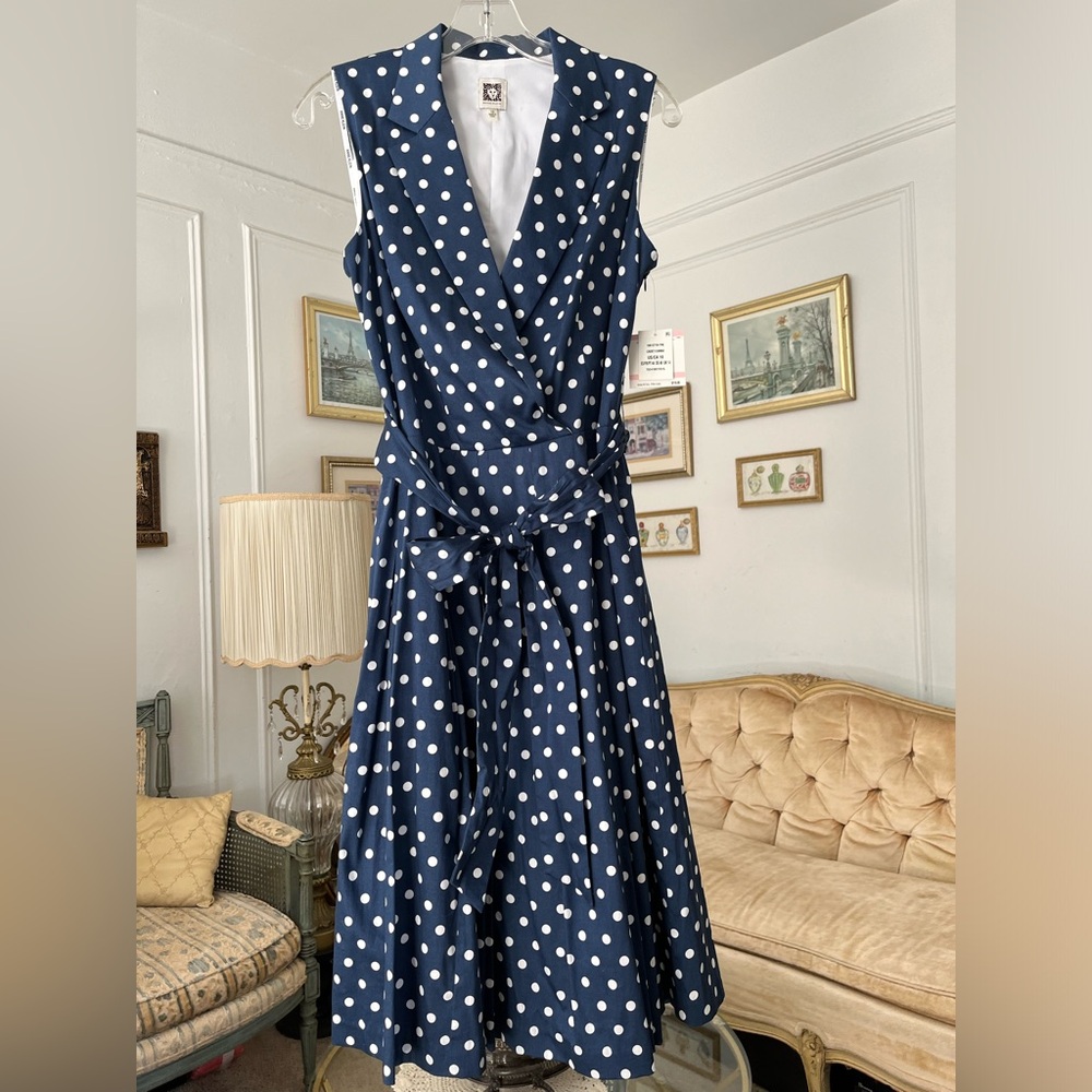 Anne Klein Cotton Dress Navy Blue Polka Dot Belted Fit & Flare Cadet Combo NWT - Picture 3 of 12
